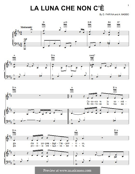 La Luna Che Non C'e (Andrea Bocelli): For voice and piano (or guitar) by D. Farina, A. Maggio