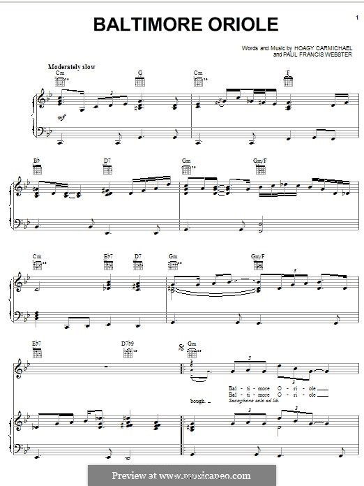 Baltimore Oriole: For voice and piano (or guitar) by Hoagy Carmichael, Paul Francis Webster