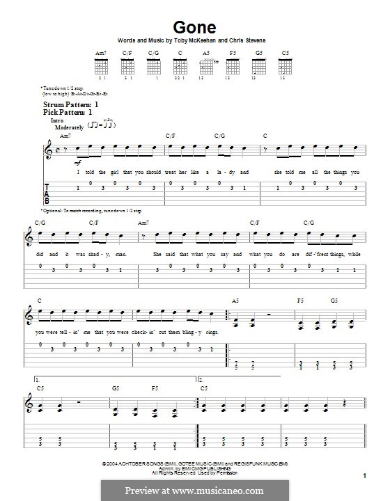 Gone (TobyMac): For guitar with tab by Toby McKeehan, Chris Stevens