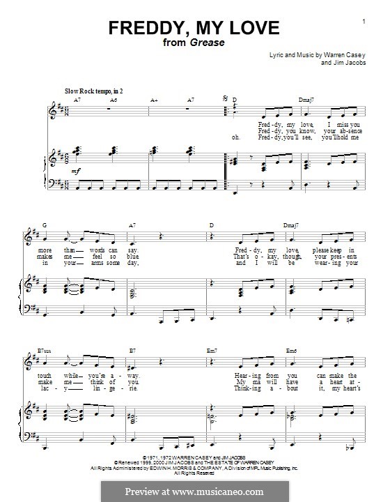 Freddy, My Love: For voice and piano (or guitar) by Jim Jacobs, Warren Casey