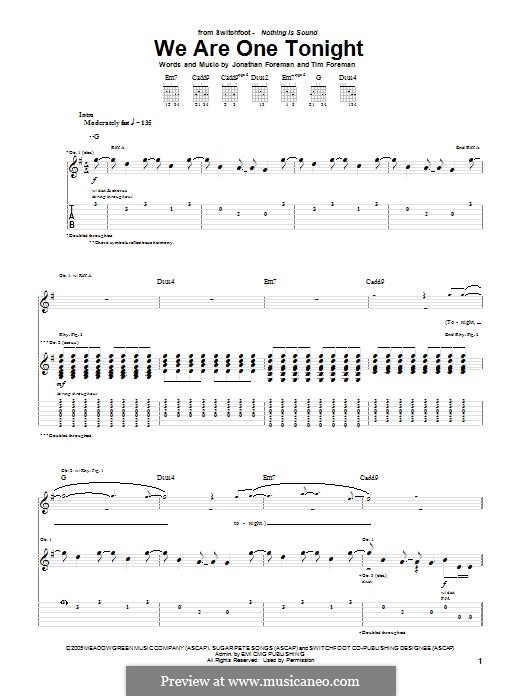 We Are One Tonight (Switchfoot): For guitar with tab by Jonathan Foreman, Tim Foreman