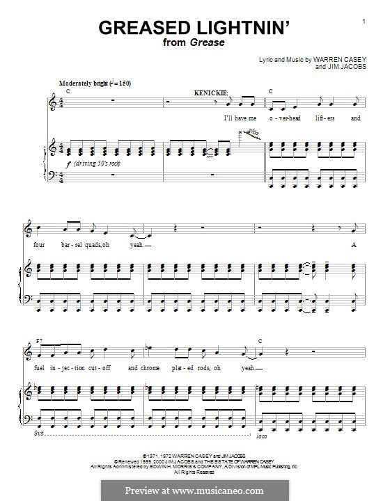 Greased Lightnin': For voice and piano (or guitar) by Jim Jacobs, Warren Casey