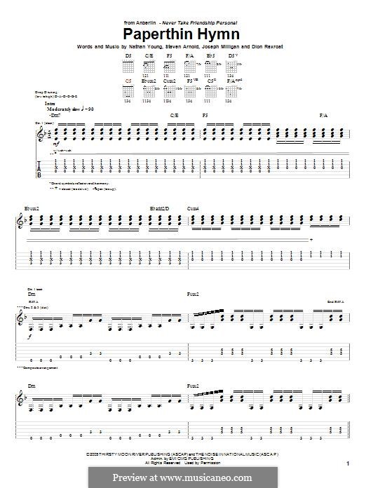 Paperthin Hymn (Anberlin): For guitar with tab by Deon Rexroat, Joseph Milligan, Nathan Young, Stephen Arnold