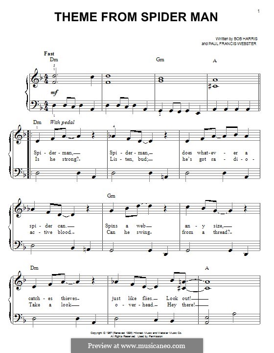 Theme From Spider-Man Sheet Music, Paul Francis Webster