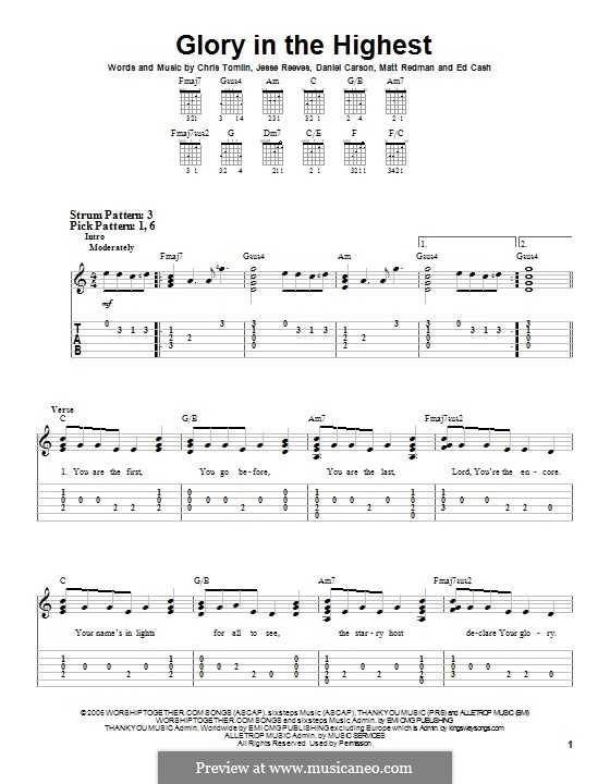 Glory in the Highest: For guitar with tab by Chris Tomlin, Daniel Carson, Ed Cash, Jesse Reeves, Matt Redman