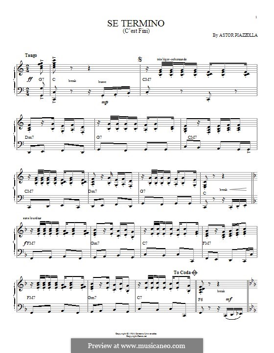 Se Termino (C'est fini): For piano by Astor Piazzolla