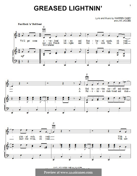 Greased Lightnin': For voice and piano (or guitar) by Jim Jacobs, Warren Casey
