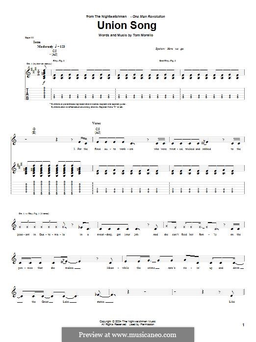 Union Song (The Nightwatchman) by T. Morello sheet music on MusicaNeo