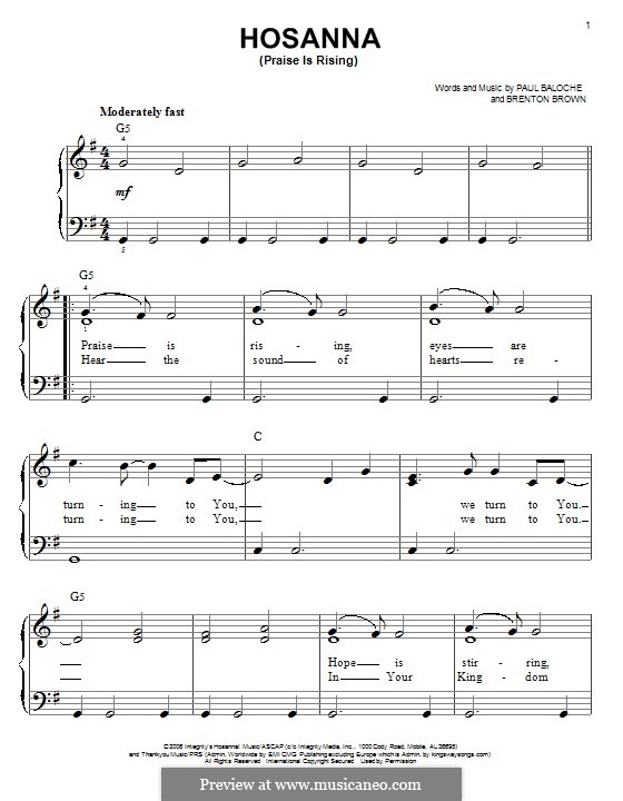 Hosanna (Praise is Rising): For piano by Paul Baloche, Brenton Brown