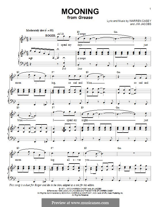 Mooning: For voice and piano (or guitar) by Jim Jacobs, Warren Casey