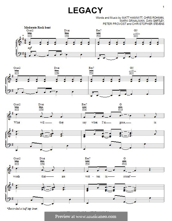 Legacy (Sanctus Real): For voice and piano (or guitar) by Chris Rohman, Matt Hammitt, Chris Stevens, Mark Graalman, Dan Gartley, Peter Prevost