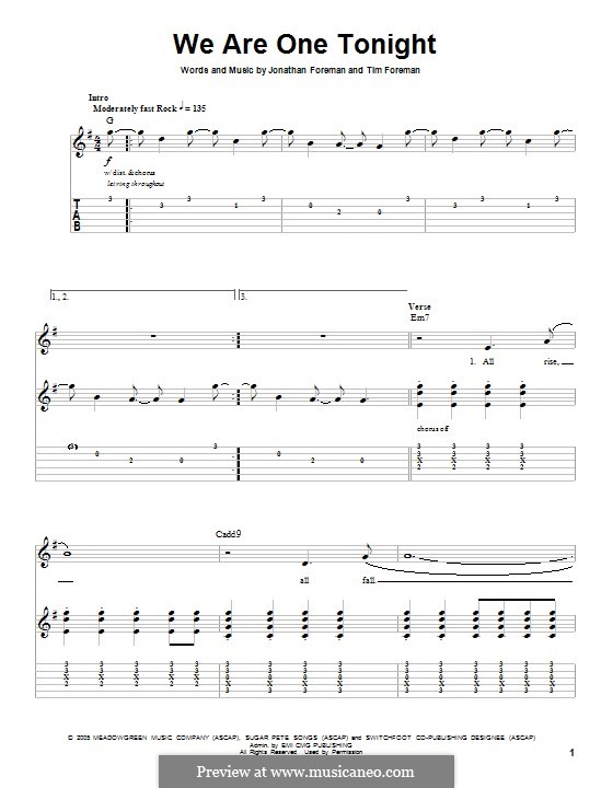 We Are One Tonight (Switchfoot): For guitar with tab by Jonathan Foreman, Tim Foreman