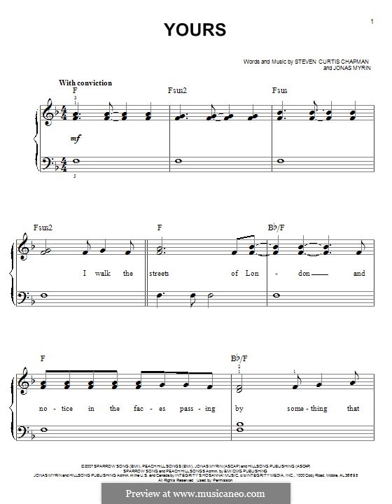 Yours: For piano by Jonas Myrin, Steven Curtis Chapman