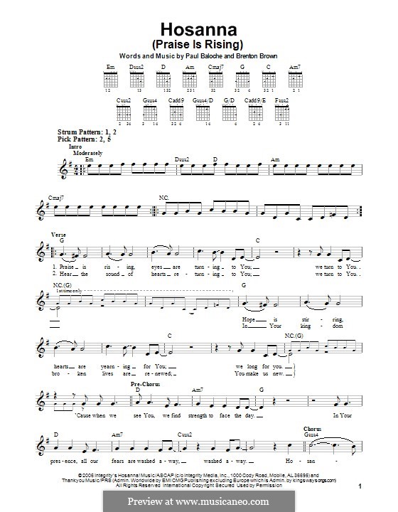 Hosanna (Praise is Rising): For guitar with tab by Paul Baloche, Brenton Brown