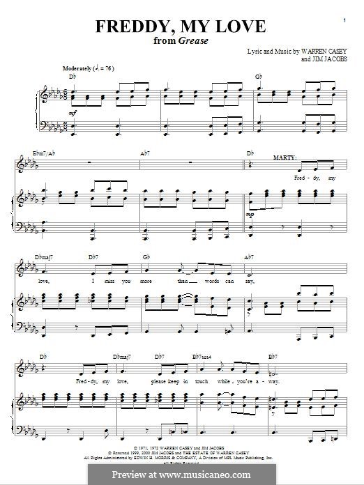 Freddy, My Love: For voice and piano (or guitar) by Jim Jacobs, Warren Casey