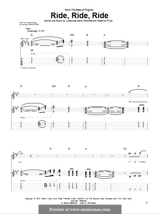 Ride, Ride, Ride (Foghat): For guitar with tab by Roderick Price, Lonesome Dave Peverett