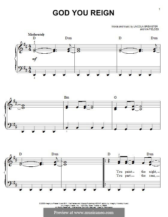 God You Reign: For piano by Mia Fieldes, Lincoln Brewster