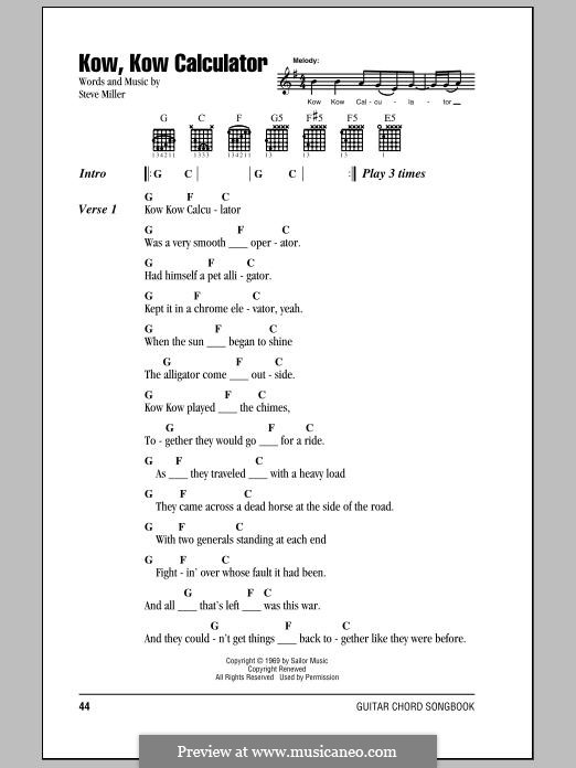 Kow, Kow Calculator (Steve Miller Band): Lyrics and chords by Steve Miller