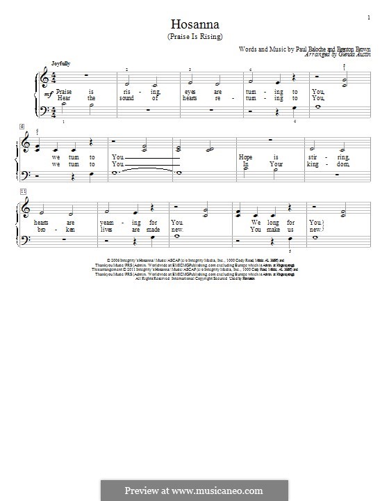 Hosanna (Praise is Rising): For piano by Paul Baloche, Brenton Brown
