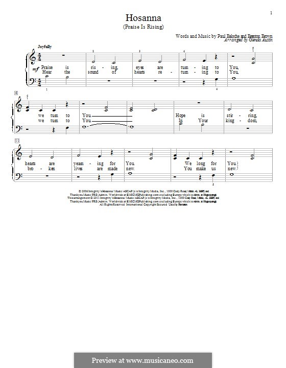 Hosanna (Praise Is Rising) sheet music for voice, piano or guitar