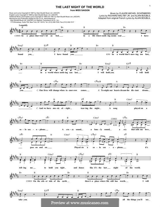 The Last Night of the World: Lyrics and chords by Claude-Michel Schönberg