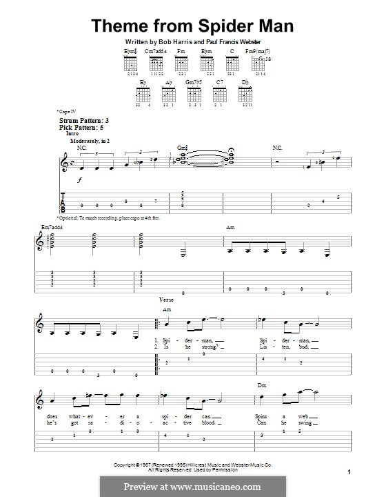 Theme from Spider Man: For guitar with tab by Paul Francis Webster