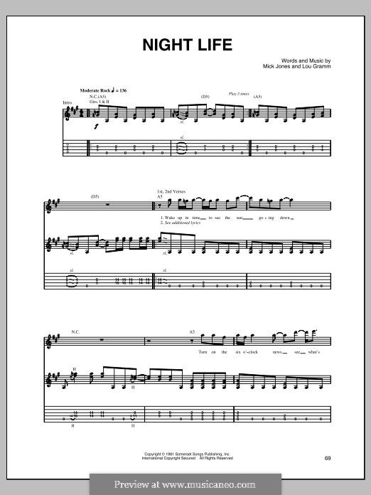 Night Life (Foreigner): For guitar with tab by Lou Gramm, Mick Jones