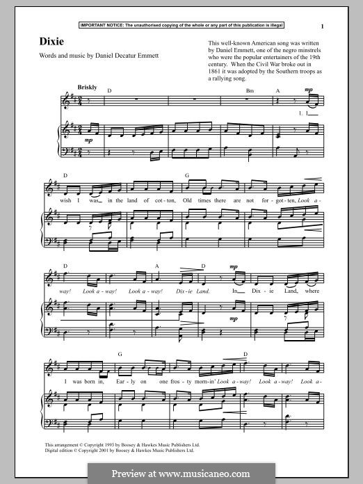 Dixie: For piano by Daniel Decatur Emmett