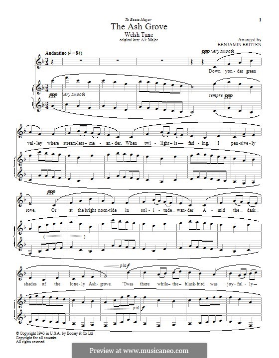 The Ash Grove (printable scores): For voice and piano by folklore