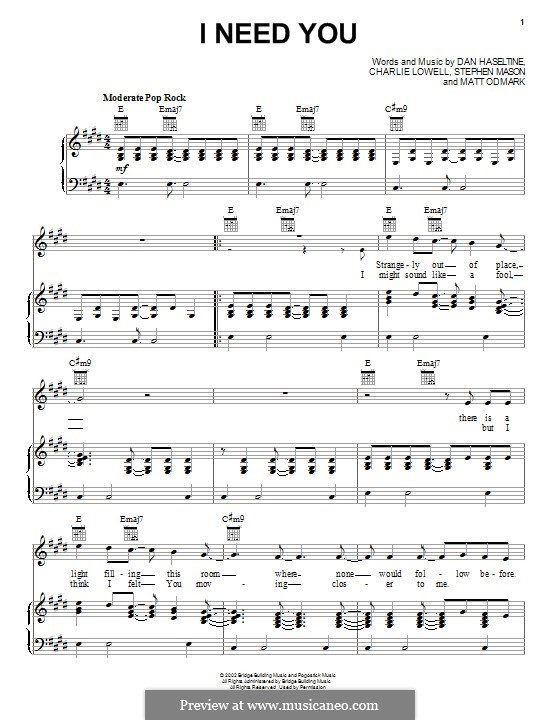 I Need You (Jars of Clay): For voice and piano (or guitar) by Charlie Lowell, Dan Haseltine, Matt Odmark, Stephen Mason