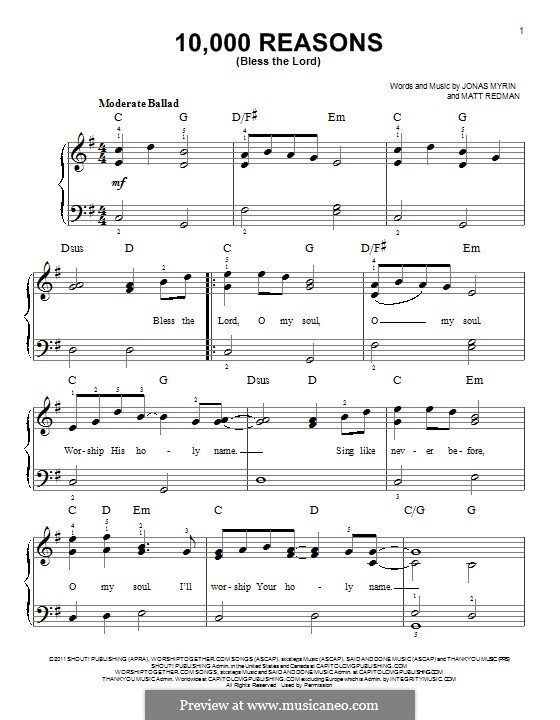 10,000 Reasons (Bless the Lord): For piano by Jonas Myrin, Matt Redman