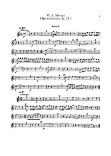 Divertissement in E Flat Major, K.113: French horns part by Wolfgang Amadeus Mozart
