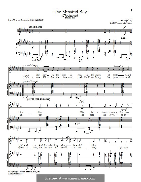 The Minstrel Boy (printable score): For voice and piano by folklore
