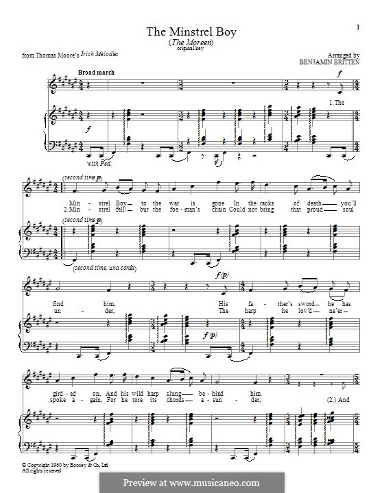 The Minstrel Boy (printable score): For voice and piano by folklore