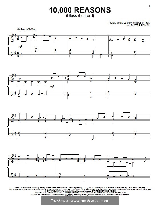 10,000 Reasons (Bless the Lord): For piano by Jonas Myrin, Matt Redman