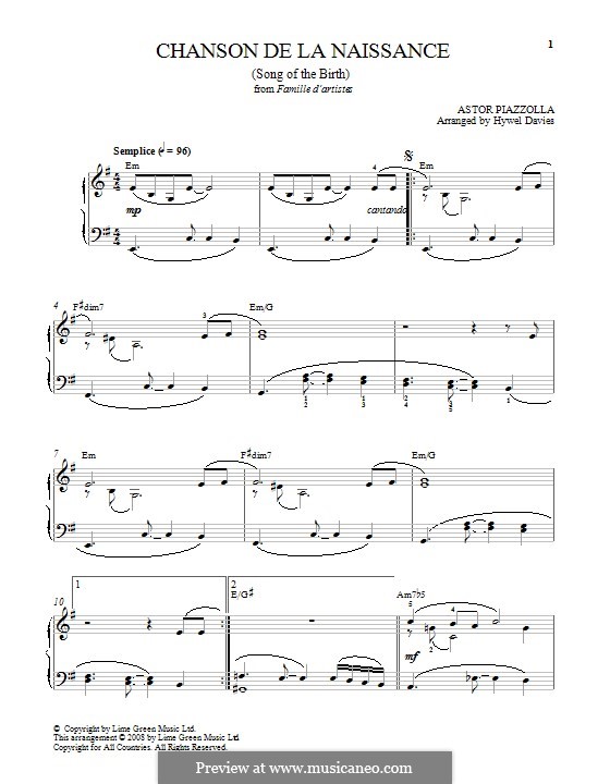 Chanson de la Naissance by A. Piazzolla sheet music on MusicaNeo