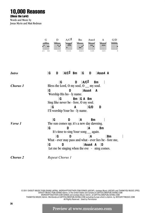 10,000 Reasons (Bless the Lord): Lyrics and chords by Jonas Myrin, Matt Redman