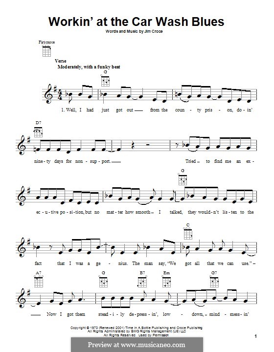 Workin' at the Car Wash Blues by J. Croce sheet music on MusicaNeo