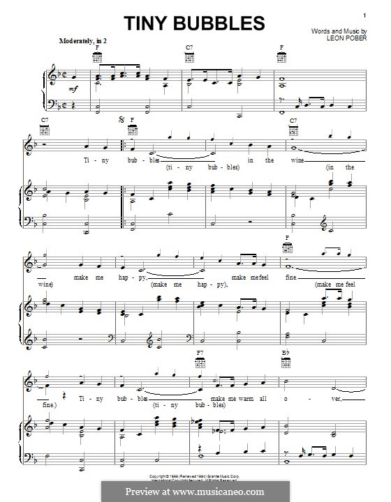 Tiny Bubbles (Don Ho): For voice and piano (or guitar) by Leon Pober