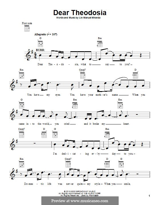 Dear Theodosia by L. Miranda - sheet music on MusicaNeo