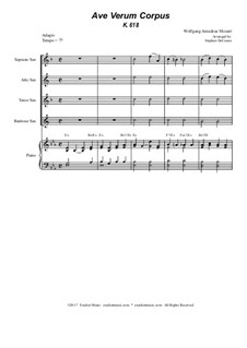 Ave verum corpus, K.618: For saxophone quartet - piano accompaniment by Wolfgang Amadeus Mozart