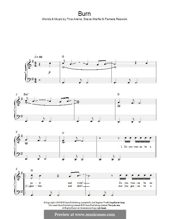 Burn (Tina Arena): For piano by Pamela Reswick, Steve Werfel