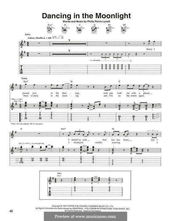 Dancing in the Moonlight (Thin Lizzy): For guitar with tab by Phil Lynott