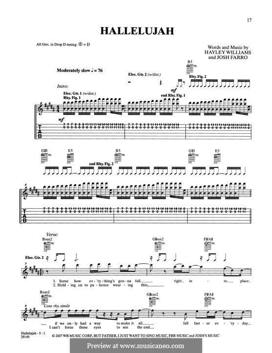 Hallelujah (Paramore): For guitar with tab by Hayley Williams, Joshua Farro