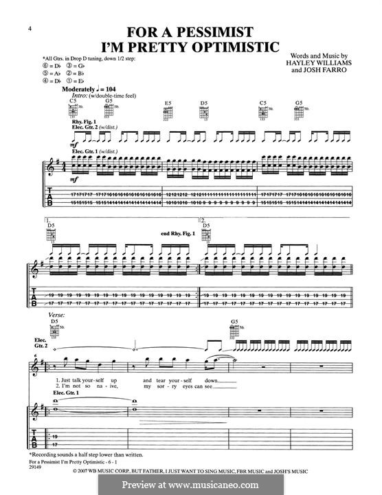 For a Pessimist I'm Pretty Optimistic (Paramore): For guitar with tab by Hayley Williams, Joshua Farro
