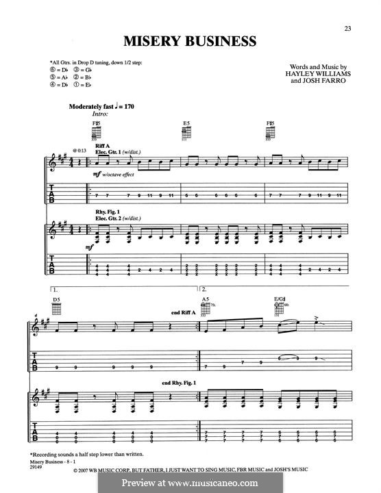 Misery Business (Paramore): For guitar with tab by Hayley Williams, Joshua Farro, Taylor York