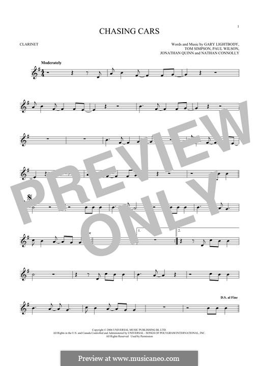 Chasing Cars (Snow Patrol): For clarinet by Gary Lightbody, Jonathan Quinn, Nathan Connolly, Paul Wilson, Tom Simpson