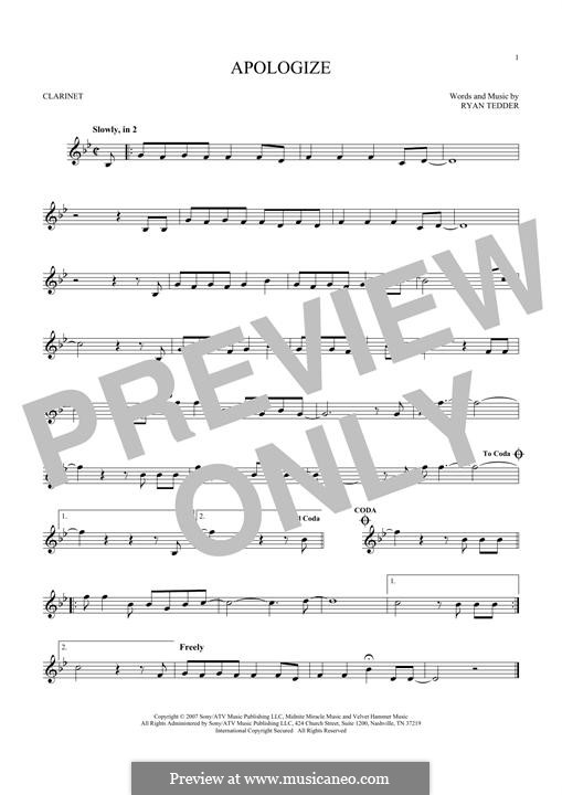 Apologize (OneRepublic): For clarinet by Ryan B Tedder