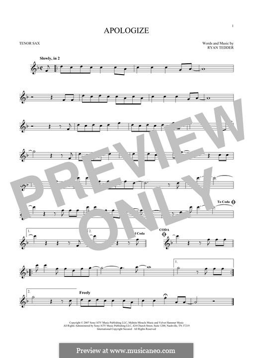 Apologize (OneRepublic): For tenor saxophone by Ryan B Tedder