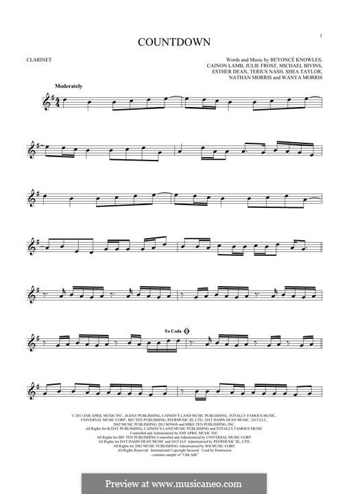 Countdown (Beyonce): For clarinet by Cainon Lamb, Esther Dean, Julie Frost, Michael Bivins, Nathan Morris, Robert Shea Taylor, Shavo Odadjian, Terius Nash, Wanya Morris